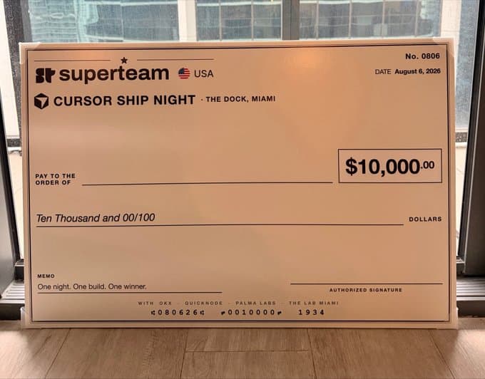 Superteam USA $10,000 prize check for Cursor Ship Night